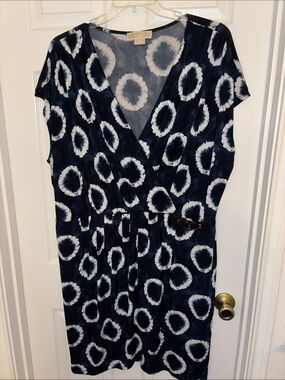 Michael Kors Navy and White Tie-Dye Circle Wrap Mini Dress